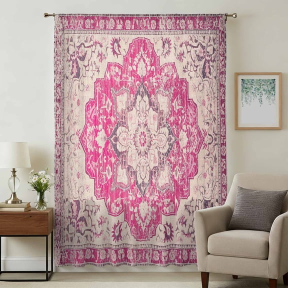 Boho Pink Sheer Curtains 54" Long, Middle Century Boho Geometric Abstract Southwestern Light Filering Curtains, Breathable Simi Curtain Privacy Drapes for Kitchen Bathroom Small Window Treatment