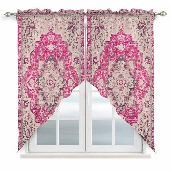 Boho Pink Swag Curtain Valances,Middle Century Boho Geometric Abstract Southwestern Kitchen Valance for Window,Rod Pocket Topper Drapes for Bedroom Bathroom Basement 2 Panels Window Treatment 36"x45"