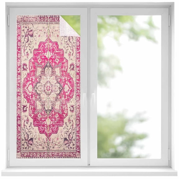 Boho Pink Window Privacy Film, Middle Century Boho Geometric Abstract Southwestern Static Cling UV Sun Blocking Heat Control Window Tint, Non-Adhesive One Way Windows Privacy Cover 17.7''x39.3''