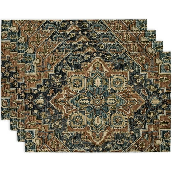 Boho Place Mats Indoor Set of 4, Farmhouse Machine Washable Table Placemats Linen Fabric Wipeable Heat Resistant Waterproof Kitchen Placemat for Dining Tables Dinner 12x18 Inches, Blue