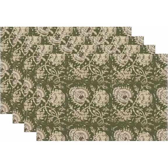 Boho Place mats Set of 4,12x18 Inches Sage Green Block Print Floral Decorative Spring Summer Flower Decor Placemats Rectangle Linen Table Mats for Party Home Kitchen Dining Table Decoration