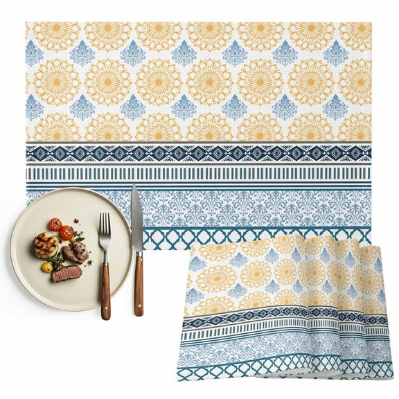Boho Placemat of 1 PC, Geometric Stripes Damask Table Mats Washable Heat-Resistant Non-Slip Place Mats for Kitchen Dinner Table Indoor Outdoor Decor,13x19 Inch Yellow Blue