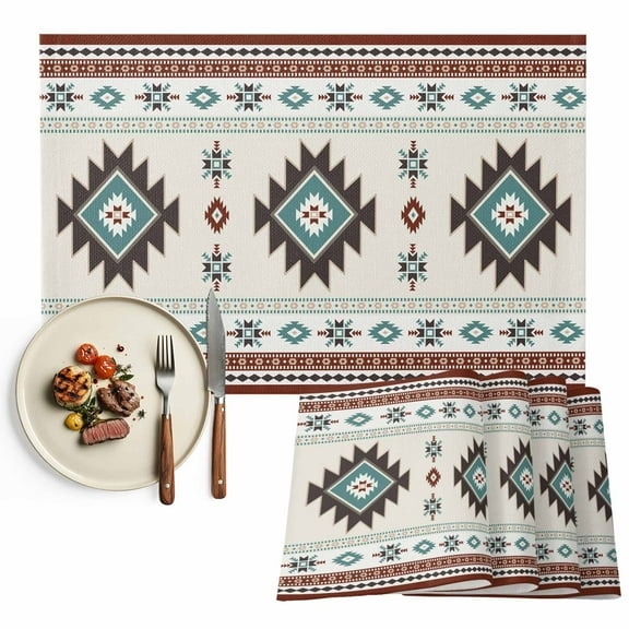 Boho Placemat of 1 PC, Southwest Native Pattern Table Mats Washable Heat-Resistant Non-Slip Place Mats for Kitchen Dinner Table Indoor Outdoor Decor,13x19 Inch Turquoise Brown