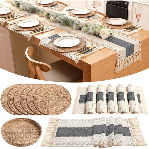 Boho Placemats 4/6/8 Set of Round Woven Placemat Macrame Style Bicolor Stitching Long Table Runner Farmhouse Rustic Natural Burlap Cotton for Kitchen Dining Table (6 Sets,Gray,12x72)