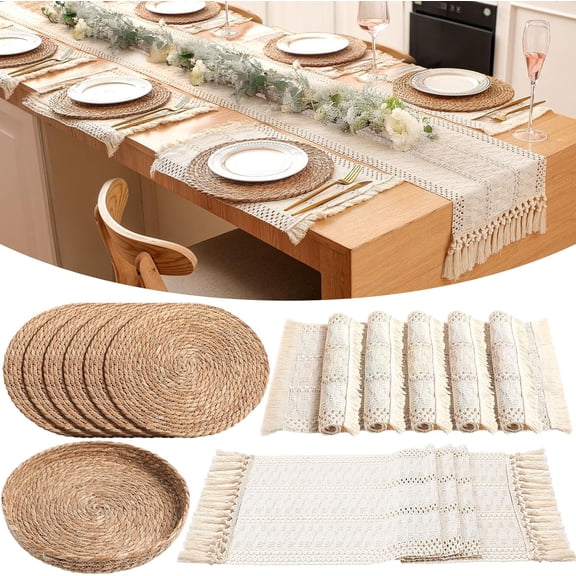 Boho Placemats 4/6/8 Set of Round Woven Placemat Macrame Style Bicolor Stitching Long Table Runner Farmhouse Rustic Natural Burlap Cotton for Kitchen Dining Table(6 Sets,Beige,12x72)