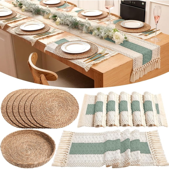 Boho Placemats 4/6/8 Set of Round Woven Placemat Macrame Style Bicolor Stitching Long Table Runner Farmhouse Rustic Natural Burlap Cotton for Kitchen Dining Table(6 Sets,Green,12x72)