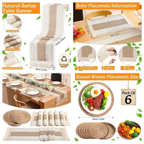 Boho Placemats 4/6 Set of Round Woven Placemats Macrame Style Bicolor Stitching Long Table Runner Farmhouse Rustic Natural Burlap Cotton for Kitchen Dining Table Home(Brown,6 Sets)