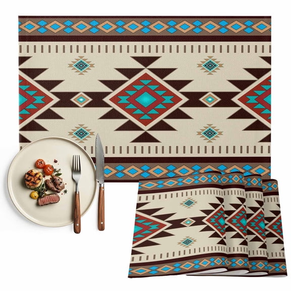 Boho Placemats Set of 12, Brown Teal Blue Ethnic Textured Table Mats Washable Heat-Resistant Non-Slip Place Mats for Kitchen Dinner Table Indoor Outdoor Decor,13x19 Inch
