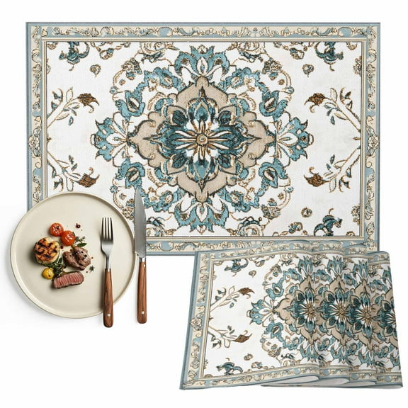 Boho Placemats Set of 12, Retro Pattern Table Mats Washable Heat-Resistant Non-Slip Place Mats for Kitchen Dinner Table Indoor Outdoor Decor,13x19 Inch Aqua Blue