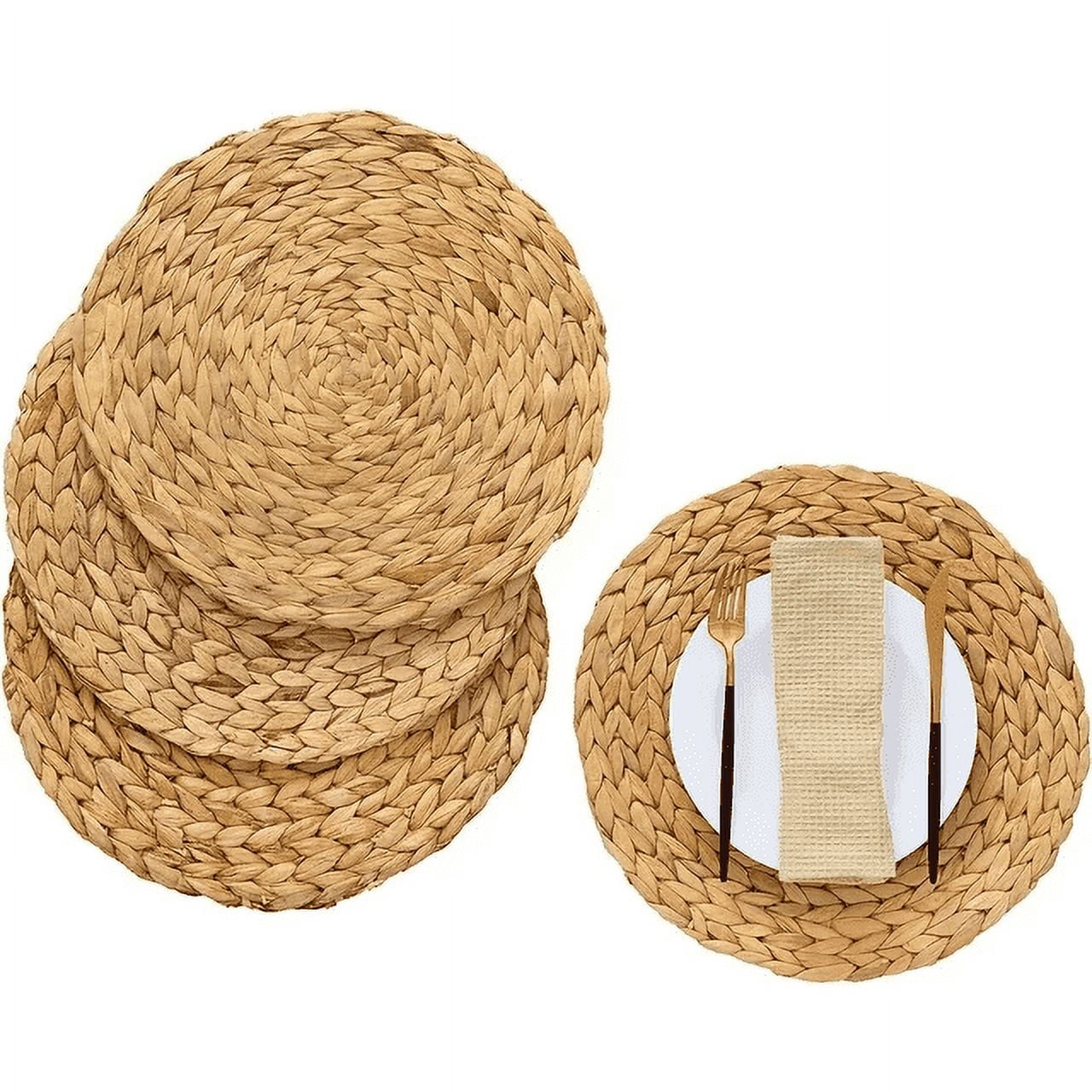 Boho Placemats Set of 4, 11.8" Round Placemats for Dining Table, Water Hyacinth Wicker Placemats, Straw Placemats, Heat Resistant Non-Slip Weave Placemats for Dining Table for Countertops