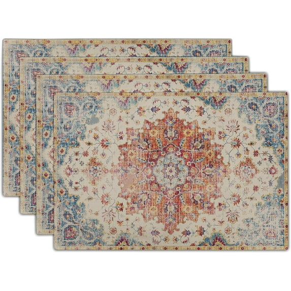 Boho Placemats Set of 4 12x18 Inch Blue Orange Carpet Pattern Vintage Ethnic Coral Floral Print Table Mats Farmhouse Decorative Linen Washable Place for Holiday Party Kitchen Dining Decor