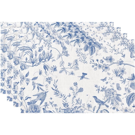 Boho Placemats Set of 4, 12x18 Inch Linen Fabric Place Mats for Kitchen Dinning, Farmhouse Rustic Floral Cloth Table Mats, Washable Placemat Botanical Party Table Décor, Blue Garden