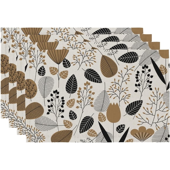 Boho Placemats Set of 4, 12x18 Inch Linen Fabric Place Mats for Kitchen Dinning, Farmhouse Rustic Graphic Leaves Cloth Table Mats, Brown Washable Placemat Party Table Décor, Botanical Line Art
