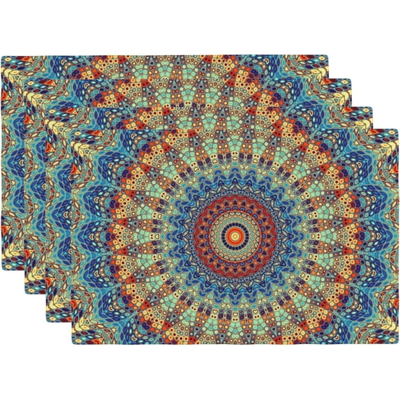 Boho Placemats Set of 4 Colorful Bohemian Indian Mandala Ethnic Style Linen Washable Place Mats Rectangle Cloth Table Mat for Party Kitchen Dining Decoration Indoor Outdoor, 12x18 inch