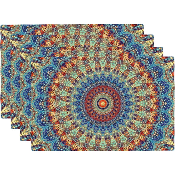 Boho Placemats Set of 4 Colorful Bohemian Indian Mandala Ethnic Style Linen Washable Place Mats Rectangle Cloth Table Mat for Party Kitchen Dining Decoration Indoor Outdoor, 12x18 inch