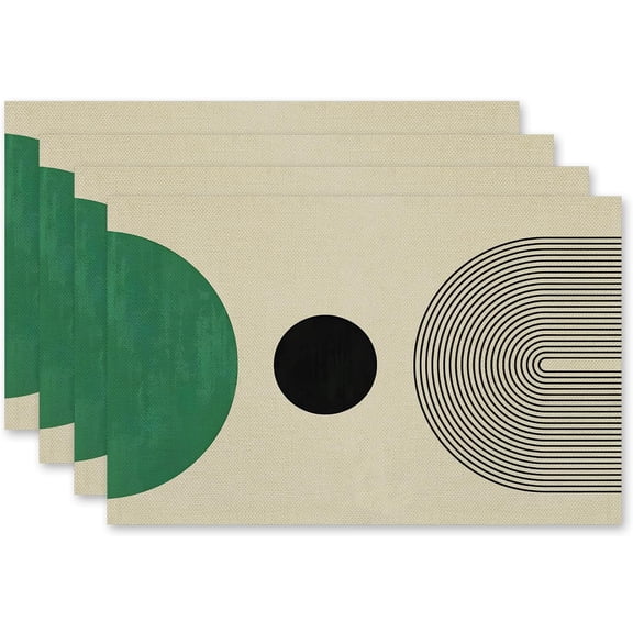 Boho Placemats Set of 4, Modern Minimalist Green and Black Circles Placemats, Boho Mid Century Modern Table Mats Place Mats for Kitchen Dining Table Decoration 18x12 Inch