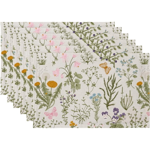 Boho Placemats Set of 6, 12x18 Inch Linen Fabric Floral Place Mats for Kitchen Dinning, Farmhouse Rustic Cloth Table Mats, Washable Placemat Botanical Party Table Décor, Wildflowers Herbs