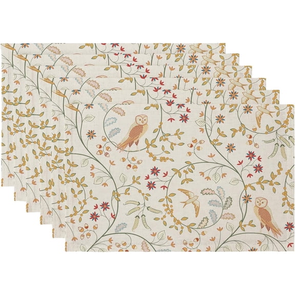 Boho Placemats Set of 6, 12x18 Inch Linen Fabric Place Mats for Kitchen Dinning, Farmhouse Rustic Floral Cloth Table Mats, Washable Placemat Folk Art Party Table Décor, Forest Birds