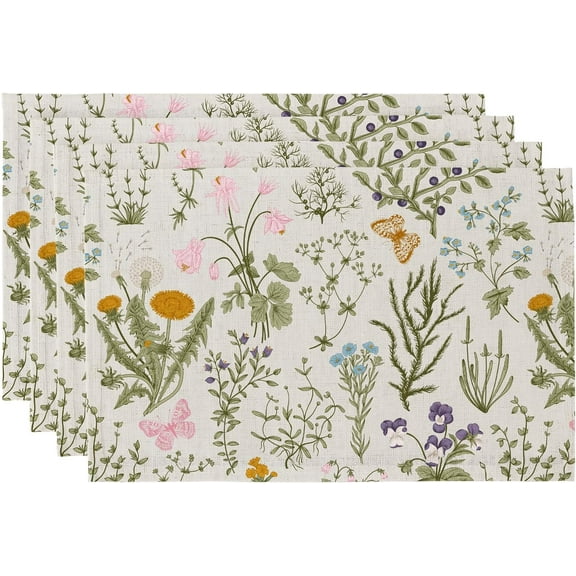 Boho Placemats Set of 6, 12x18 Inch Linen Fabric Place Mats for Kitchen Dinning, Farmhouse Rustic Floral Cloth Table Mats, Washable Placemat Party Table Décor, Brown Floral Burst