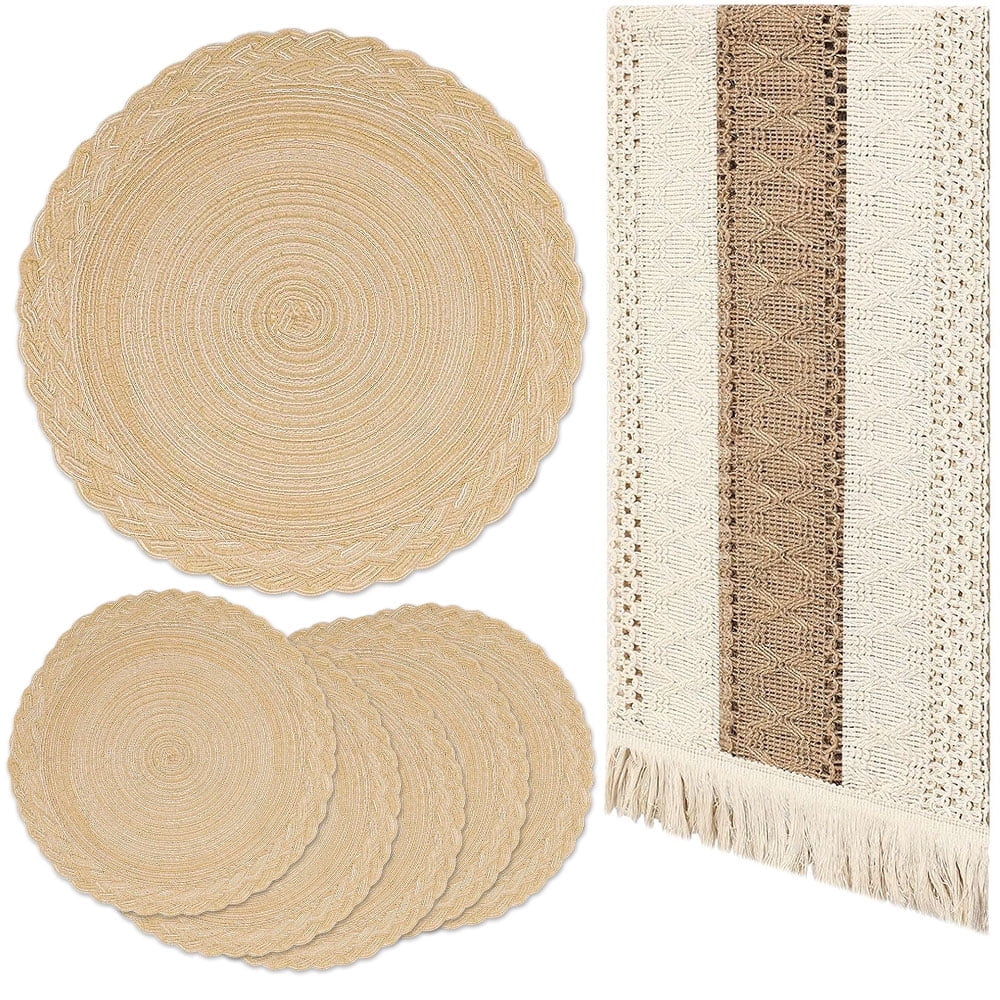 Boho Placemats Set of 6, 15" Round Place Mats with 70" Table Runner, Woven Table Mats Cotton Placemat Boho Kitchen Tabletop Home Decor