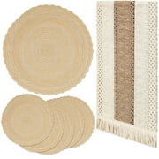 Boho Placemats Set of 6, 15" Round Place Mats with 66" Table Runner, Woven Table Mats Cotton Placemat Boho Kitchen Tabletop Home Decor