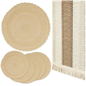 Boho Placemats Set of 6, 15" Round Place Mats with 66" Table Runner, Woven Table Mats Cotton Placemat Boho Kitchen Tabletop Home Decor