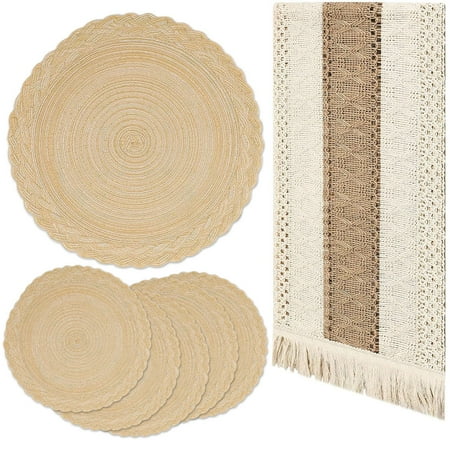 Boho Placemats Set of 6, 15" Round Place Mats with 66" Table Runner, Woven Table Mats Cotton Placemat Boho Kitchen Tabletop Home Decor
