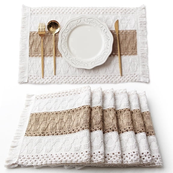 Boho Placemats Set of 6, Macrame Table Mats Farmhouse Dining Decor12x20" Woven Burlap Place Mat with Tassel for Kitchen and Dining Table Centerpiece Home Decorations Rustic Boho Kitchen Decor