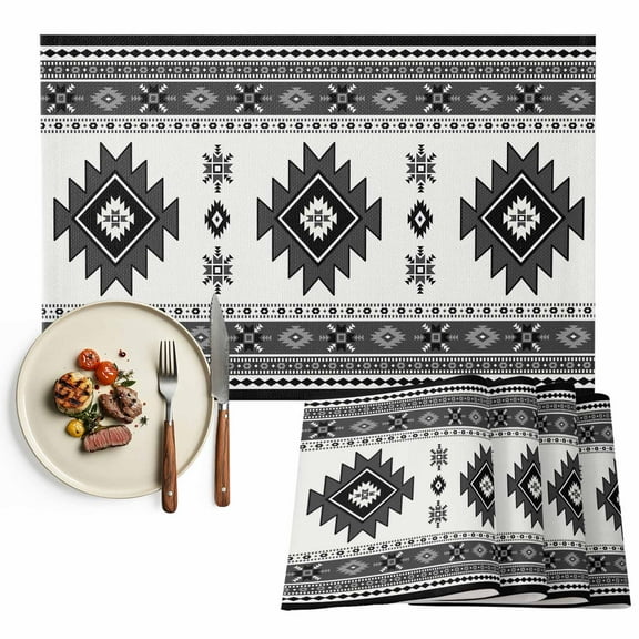 Boho Placemats Set of 8, Southwest Aztec Pattern Table Mats Washable Heat-Resistant Non-Slip Place Mats for Kitchen Dinner Table Indoor Outdoor Decor,13x19 Inch Gray