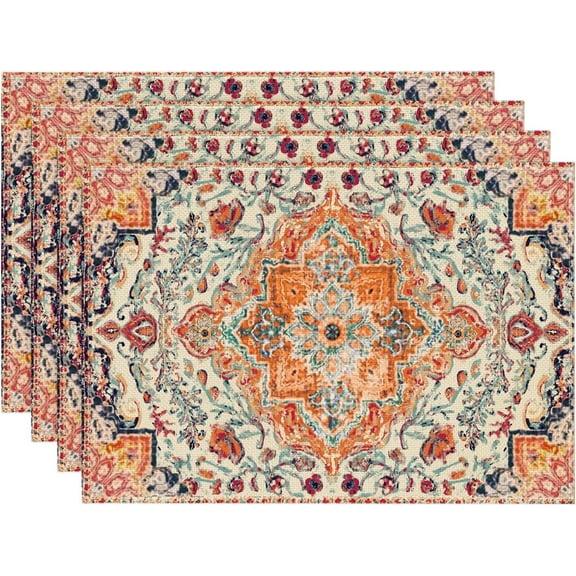 Boho Placemats Set of 4, Daily Orange Teal Flowes Bohemia Table Mats for Home Party Dining Decoration 12x18 Inch