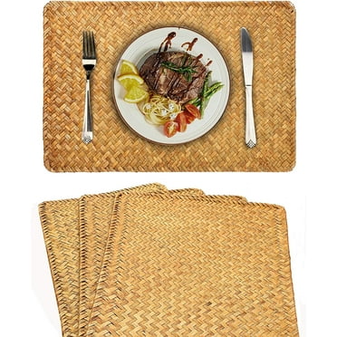 Boho Placemats set of 4, Natural Placemats Woven Rattan Place Mat , Rectangular Woven Placemats,17" x 12" Meal Placemat Place Mats for Dining Table Home Kitchen Picnic Table Decor (Caramels)