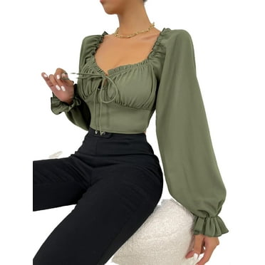Boho Plain Sweetheart Neck Top Long Sleeve Army Green Women Blouses (Women's)