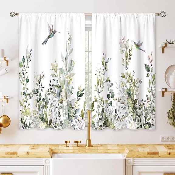 Sage Mint Green Eucalyptus Botanical Leaves Floral Kitchen Window Curtains Flower Leaf Small Hummingbird Window Treatment Cafe Short Curtains for Bathroom Treatment Tier Drapes 28x40inch