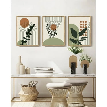 Boho Plant Wall Art 11x14in Natural Framed Green Botanical Bohemain Wall Printing Abstract Canvas Prints with Leaf & Sun Lines for Office Dining Room Hallway