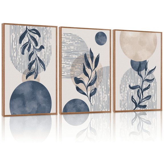 Boho Plant Wall Art Set of 3,Blue Bohemain Framed Canvas,Abstract Geometric Line Wall Painting,Modern Nature Prints,Botanical and Moon Wall Art for Living Room Bedroom Office - 3Pieces,16”X24”