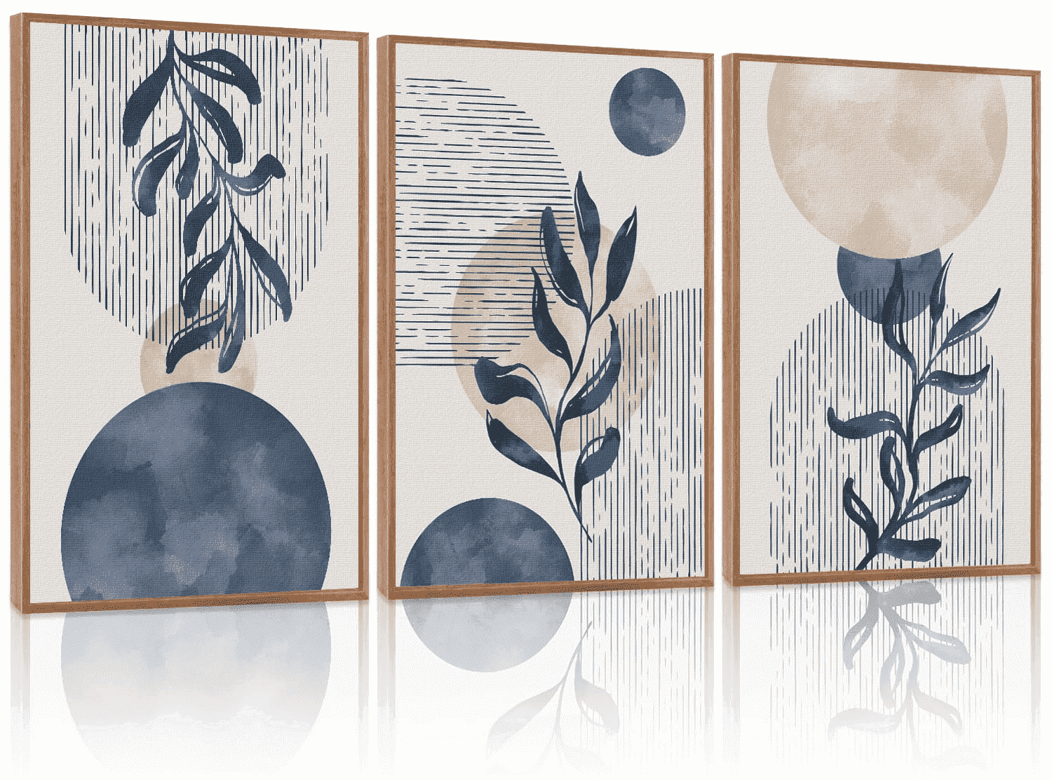 Boho Plant Wall Art Set of 3,Blue Bohemain Framed Canvas,Abstract Geometric Line Wall Painting,Modern Nature Prints,Botanical and Moon Wall Art for Living Room Bedroom Office - 3Pieces,16”X24”