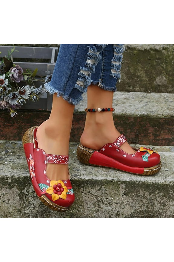 Boho Platform Sandals for Women Slides Ethnic Style Flower Print Clogs Mules Casual Summer Closed Toe Slip On Slippers