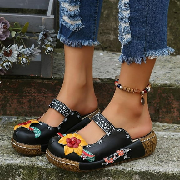 Boho Platform Sandals for Women Slides Ethnic Style Flower Print Clogs Mules Casual Summer Closed Toe Slip On Slippers