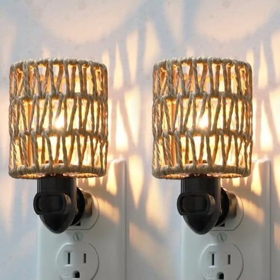 Boho Plug in Night Light with Switch, 2-Pack Farmhouse LED Night Lights Plug into Wall Socket, 0.5W Baby Nursery Nightlight with Bohemian Rattan Lamp Shade for Adult Kids Room Bathroom Hallway$