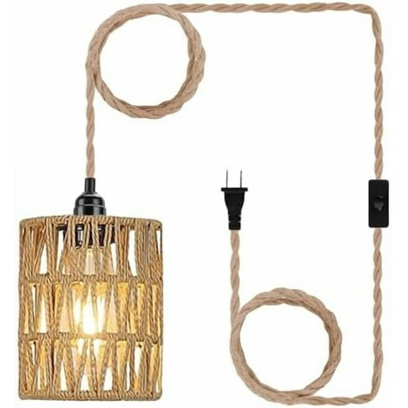 Boho Plug in Pendant Light, Hanging Light with Plug in Cord, Ceiling Lamp Rattan Cylinder Lamp Shade On-Off Switch, Hanging Plant Shelf Shelves Bohemian Decor for Bedroom Living Room Corner
