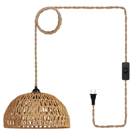 Boho Plug in Pendant Light: Rattan Hanging Lamp with 14.7ft Plug in Cord, Adjustable Height Hand Woven Hanging Light Fixture for Living Room, Bedroom, Dining Room, Kitchen, E26 No Bulb