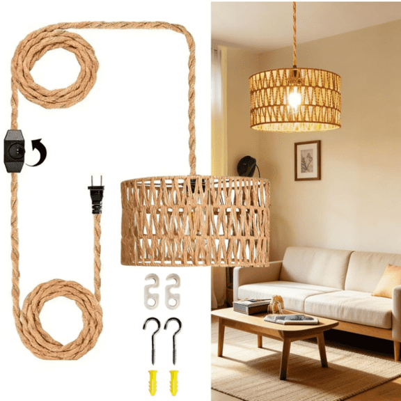 Boho Plug in Pendant Light Rattan Hanging Lights with 18FT Plug in Hemp Rope Cord Indoor Hanging Lamp,Dimmable Switch Hanging Lamp Plug in for Bedroom Living Room Kitchen (Cylindrical)
