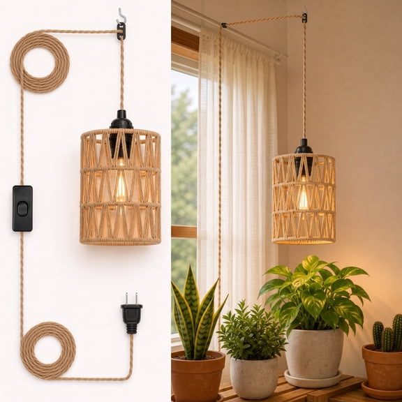 Boho Plug in Pendant Light, Rattan Woven Shade Farmhouse Ceiling Light, Wicker Rattan Hanging Lights for Home Decor, 15ft Hemp Rope Cord with On/Off Switch, E26 Bulb Base (Without Bulb)