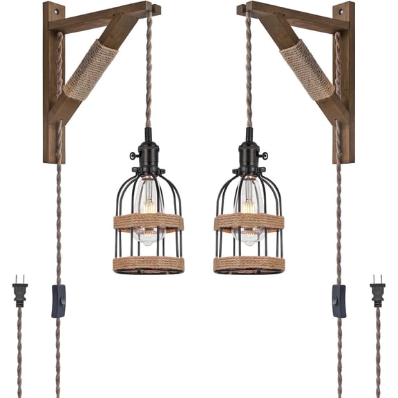 KEESFU 2-pack Farmhouse Indoor Wall Sconce with Rope Cage, Black Iron