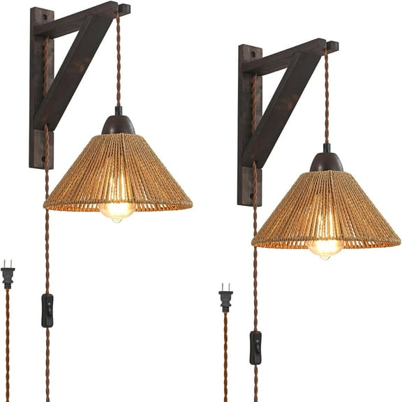 Boho Plug in Wall Sconce Set of 2,Farmhouse Wall Lights for Bedroom with Rattan Shade and Wooden Arm,Rustic Hanging Lights with Plug in Cord for Bedroom Living Room Bathroom