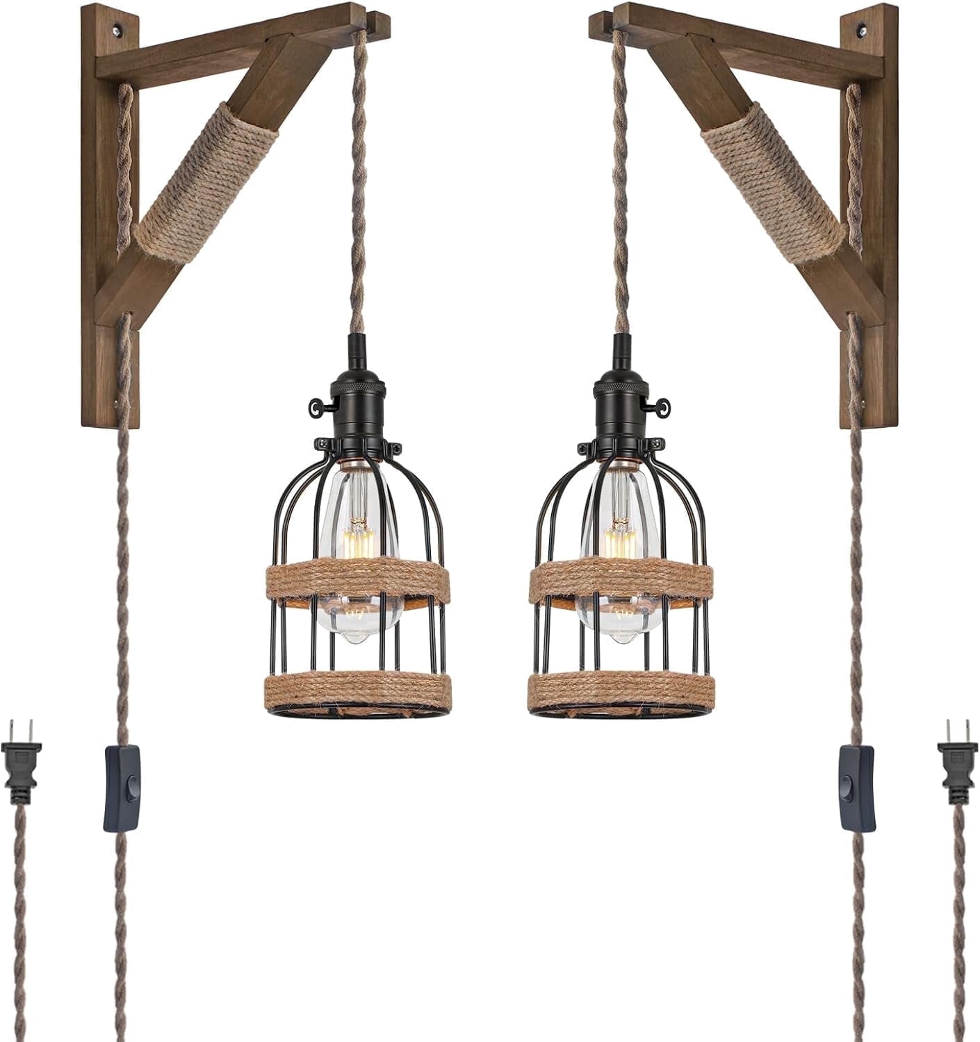 KEESFU Farmhouse Plug-in Wall Sconce Set of 2, Adjustable Rope Cage Light with Wood Bracket, Black Metal Hanging Fixture for Bedroom Living Room Hallway
