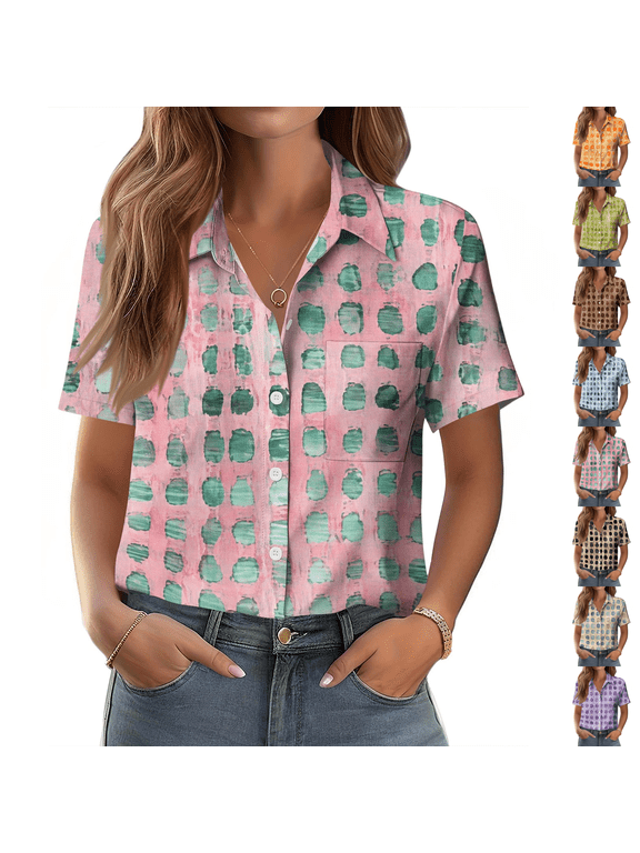 Boho Polka Dot Print Shirt for Women Short Sleeve Collared Button Down Pocket Casual Vacation Summer Blouse