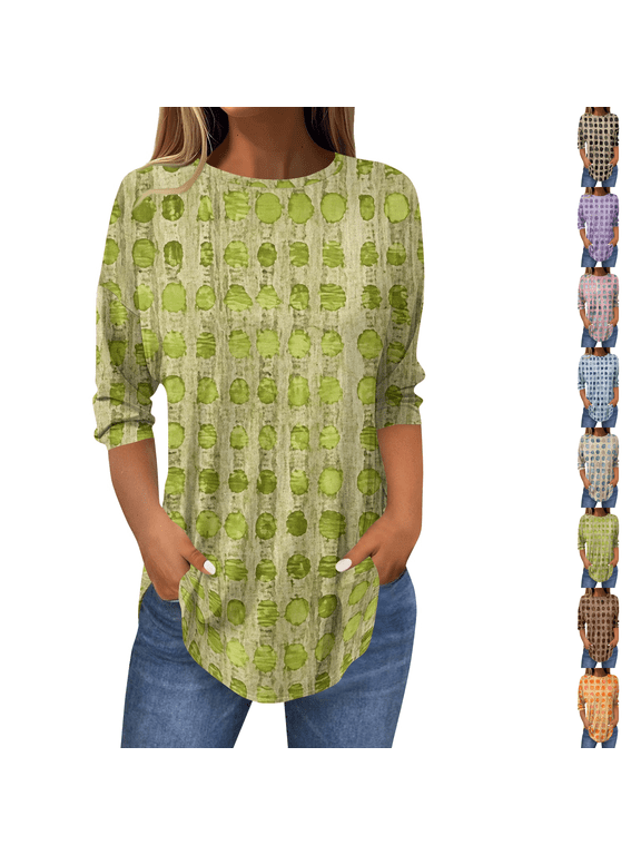 Boho Polka Dot Print Top for Women 3/4 Sleeve Crew Neck Curved Hem Loose Casual Vacation Daily Blouse