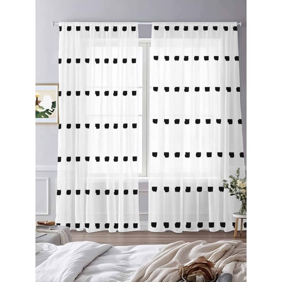 Boho Polka Sheer Curtains 84 inches Long 2 Panels Set Dot Stripes Geometric Black White Tiers Sheers Rod Pocket Small Window Short Curtains for Kitchen Cafe, Each 52" W x 84" L