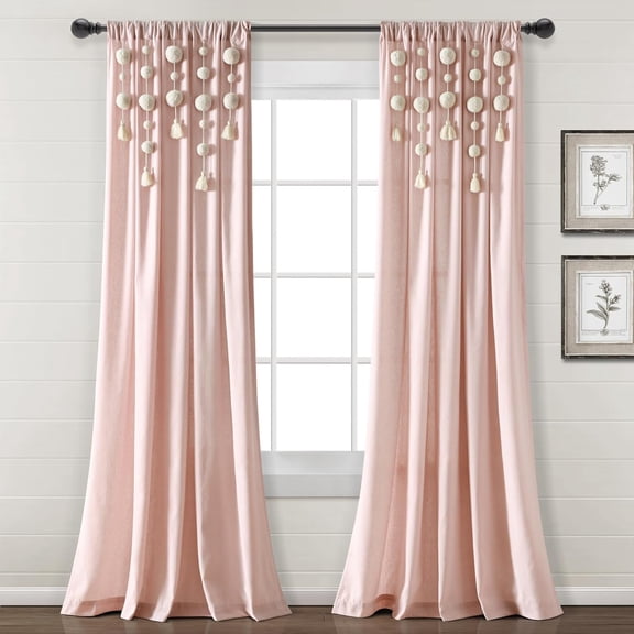 Boho Pom Pom Tassel Linen Textured Window Curtain Panel, Single 52" W x 95" L Blush